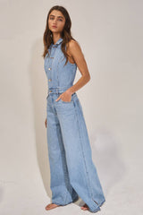 Collared Wide Leg Denim Jumpsuit