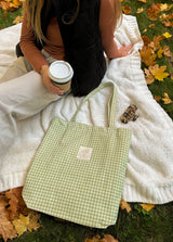 Sage Gingham Tote Bag - Wide