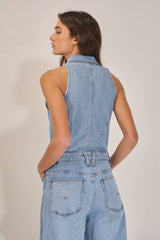 Collared Wide Leg Denim Jumpsuit