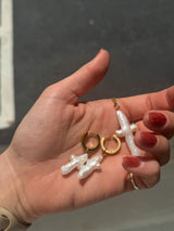 Pearl Cross Huggies Earrings
