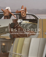 Two women in a car with promotional text for Mulberry on a desert background