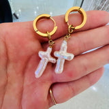Pearl Cross Huggies Earrings