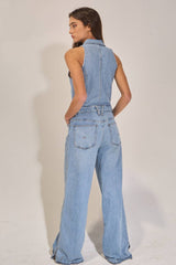Collared Wide Leg Denim Jumpsuit