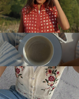 Person wearing a red checkered vest outdoors, followed by a close-up of a cup of coffee, and then a person wearing a floral cardigan.