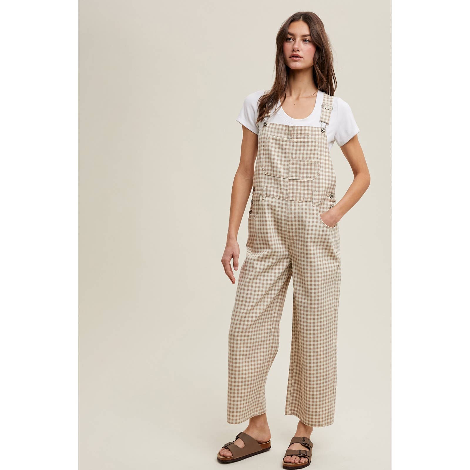 Gingham Denim Overall - Cream/Taupe