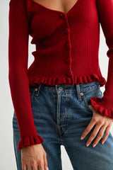 Ribbed Cardigan - Deep Red