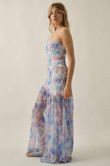 Asymmetrical Strapless Drop-Waist Maxi Dress - Blue