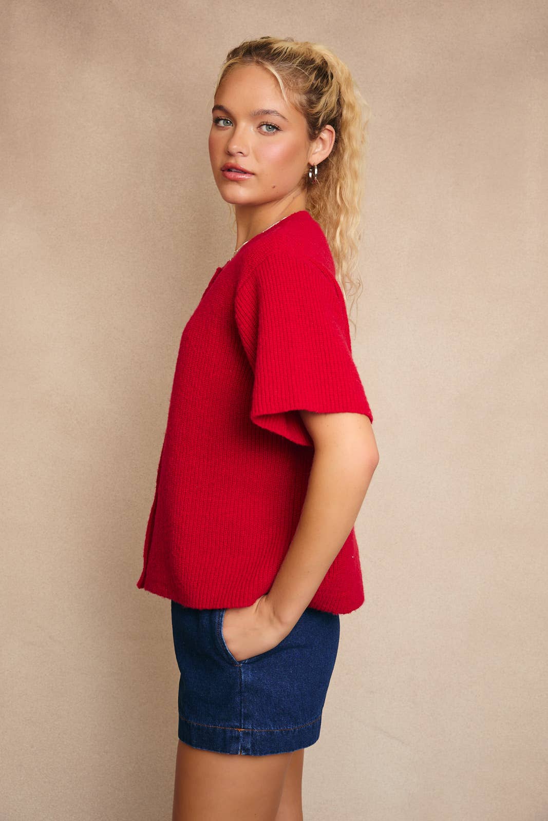 Round Neck Short Sleeve Sweater Cardigan