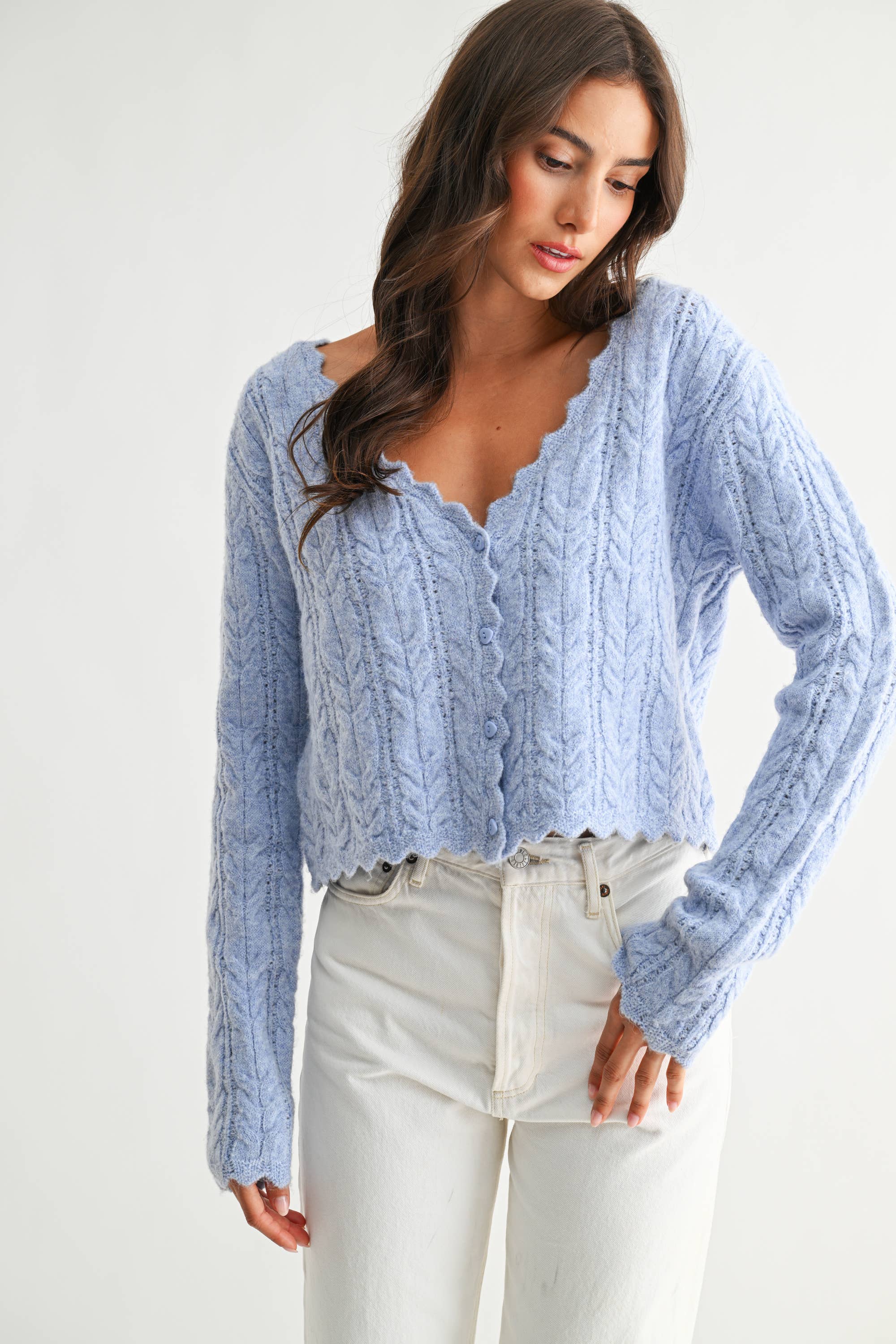 Scallop Hem Cable Knit Cardigan