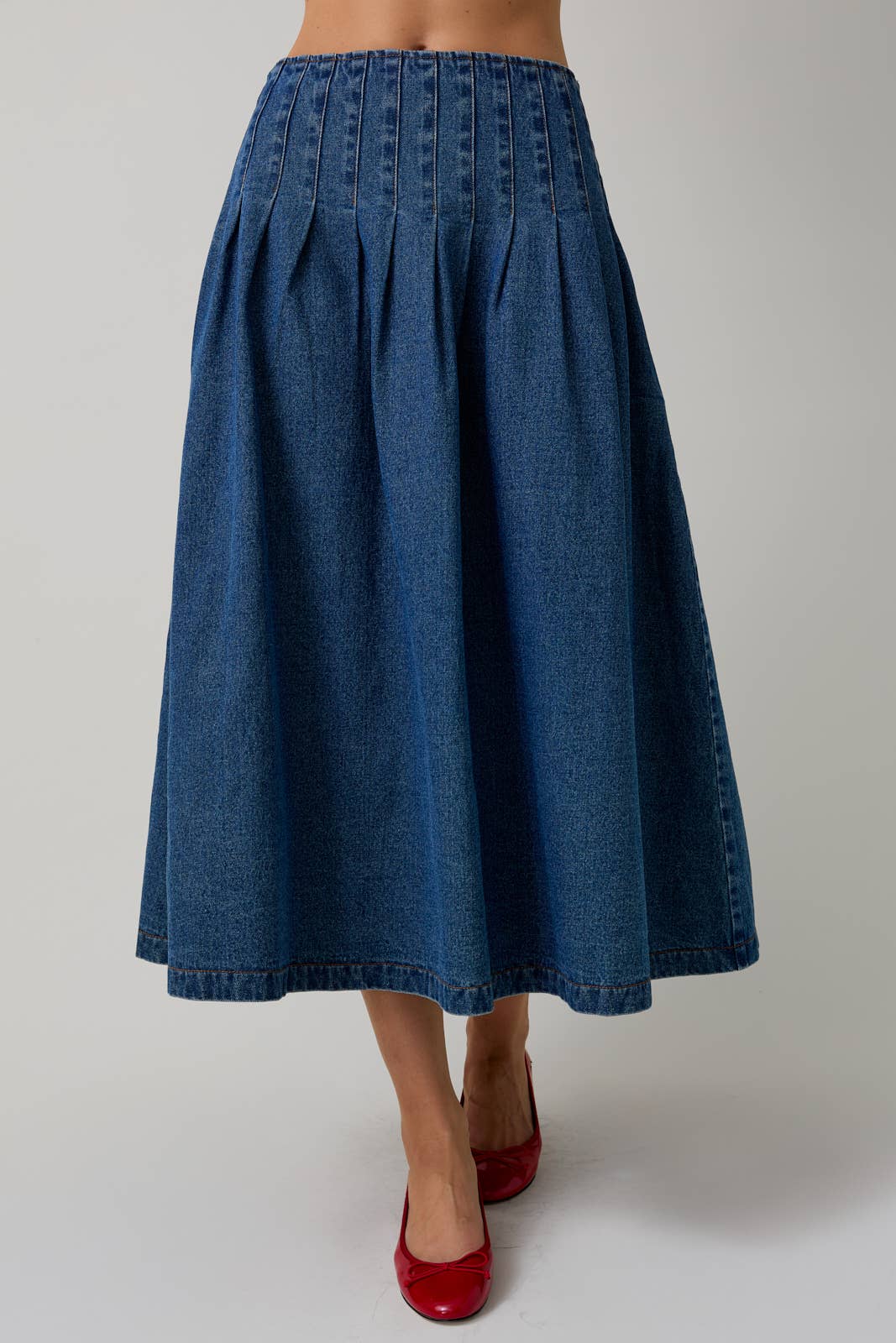 Pleated Denim Midi Skirt