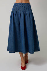 Pleated Denim Midi Skirt