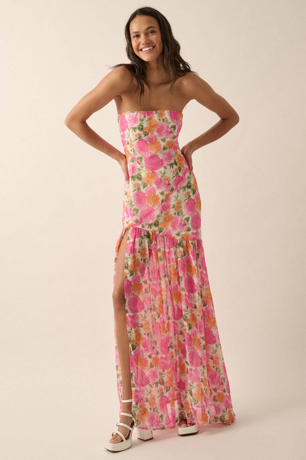 Asymmetric-Seam Floral Woven Maxi Dress