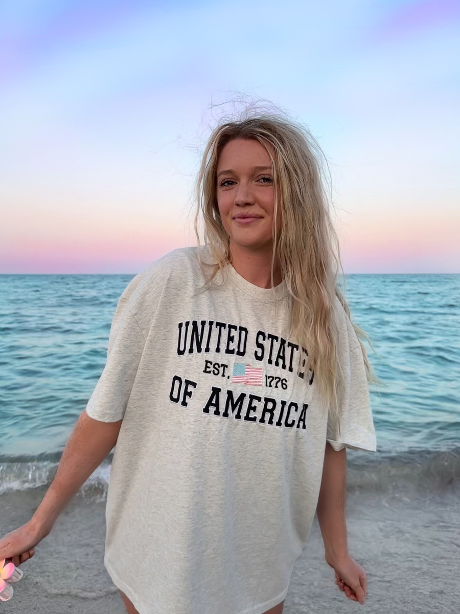 Pearl Grey United States of America Embroider Flag Tee