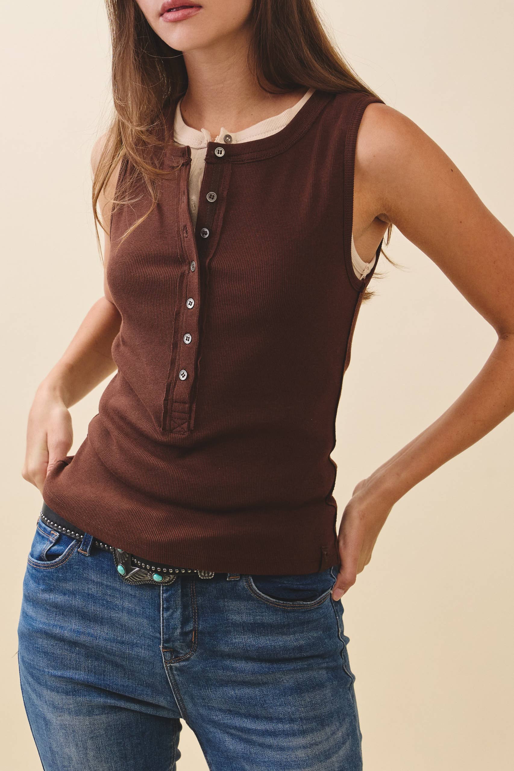Ribbed Henley Tank Top