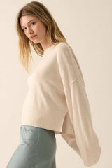 Solid Knit Wide-Sleeve Loose-Fit Sweater