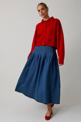 Pleated Denim Midi Skirt
