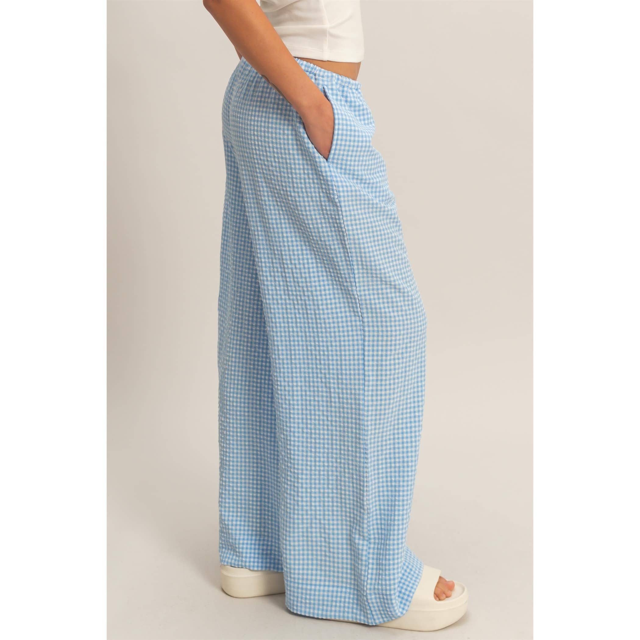 Gingham Drawstring Wide-Leg Pants