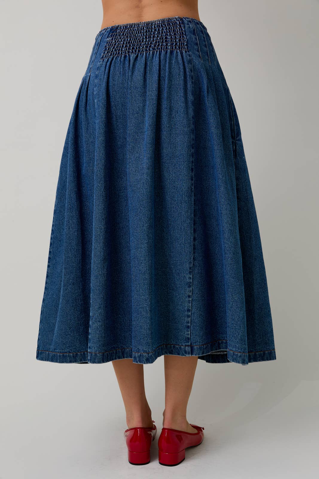 Pleated Denim Midi Skirt