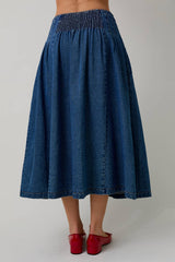 Pleated Denim Midi Skirt