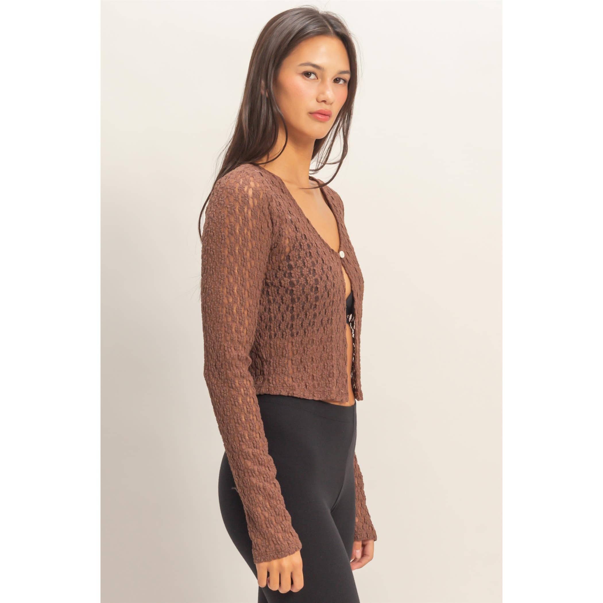 Pearl Button Sheer Lace Cardigan Top