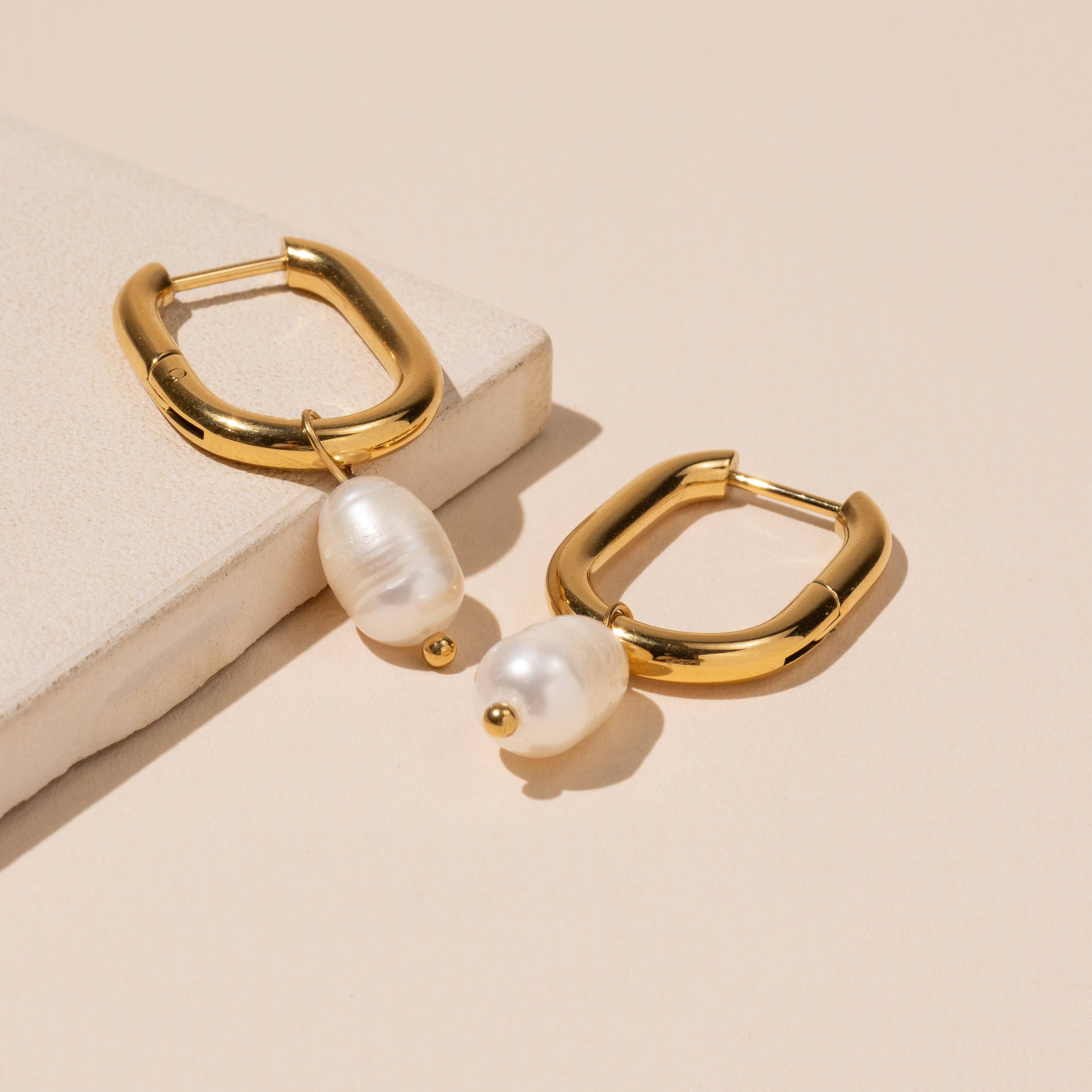 18K Gold-Dipped Stainless Steel Earrings with Pearl Charm