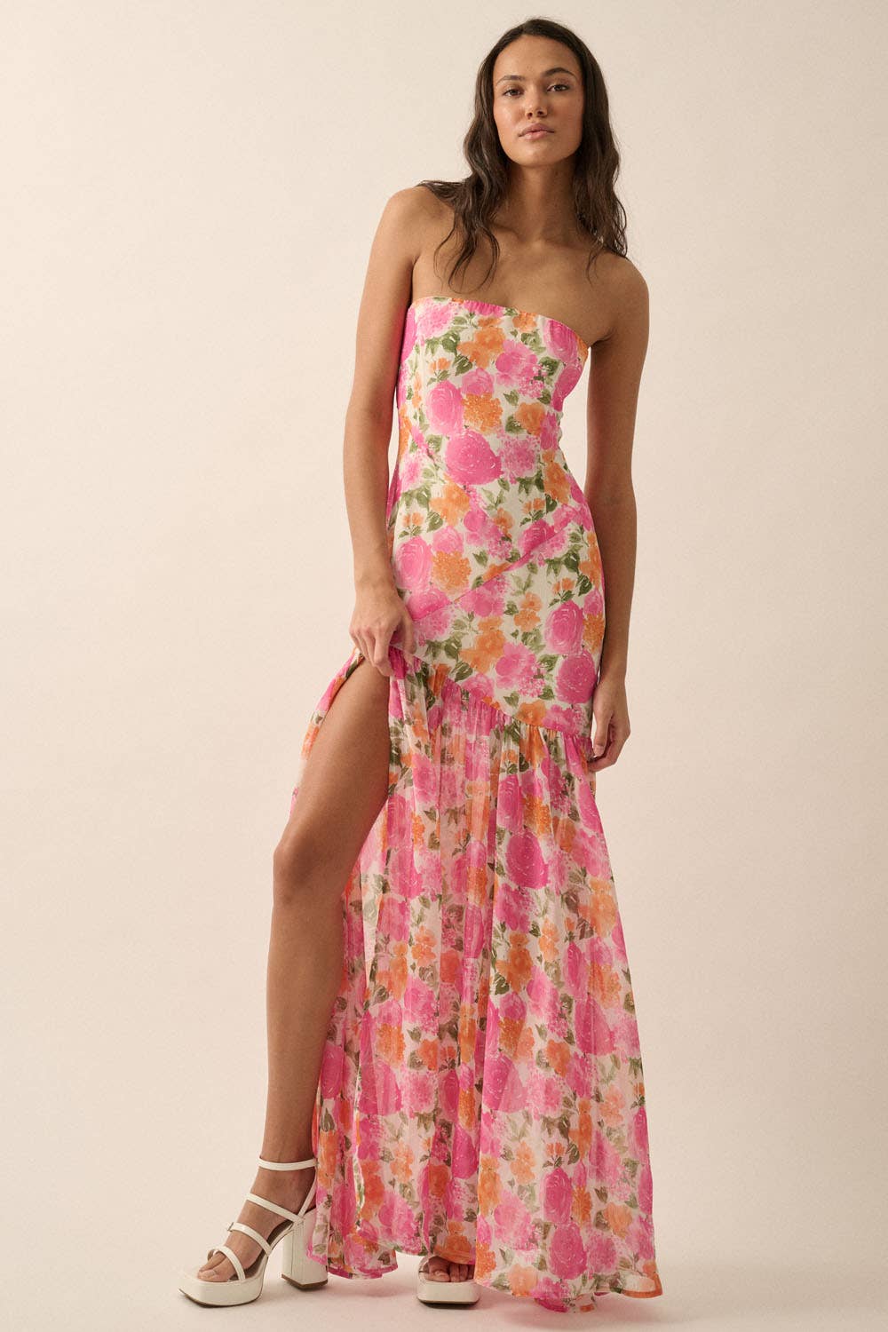 Asymmetric-Seam Floral Woven Maxi Dress