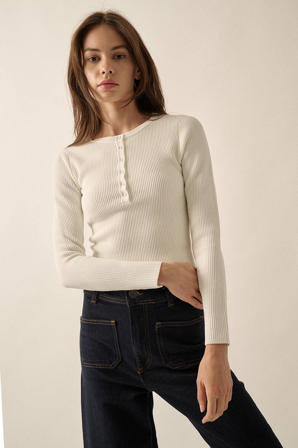 Shaper Fit Round Neck Snap Button Rib Knit Top