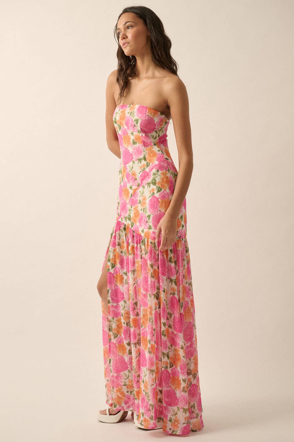 Asymmetric-Seam Floral Woven Maxi Dress