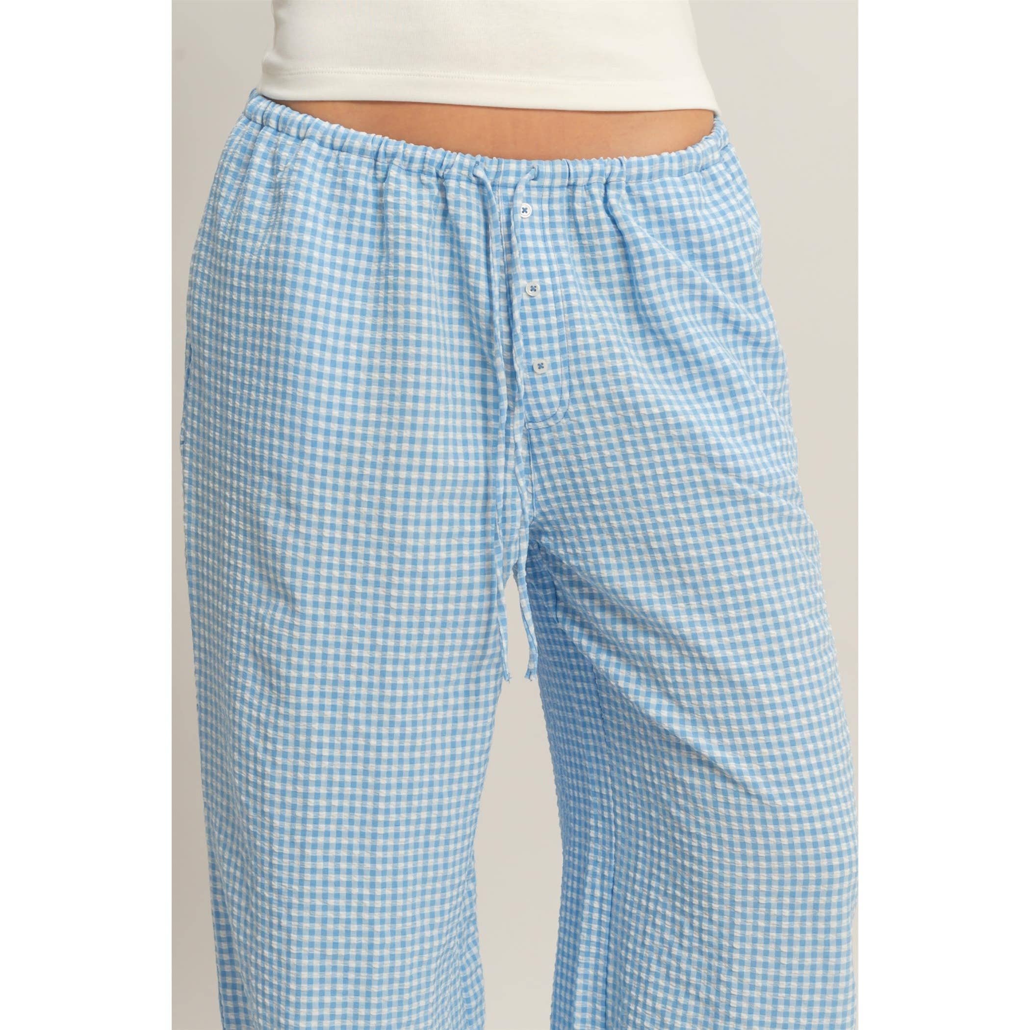 Gingham Drawstring Wide-Leg Pants