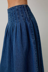 Pleated Denim Midi Skirt