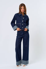 Stripe Folded Cuff Detailed Denim Jacket
