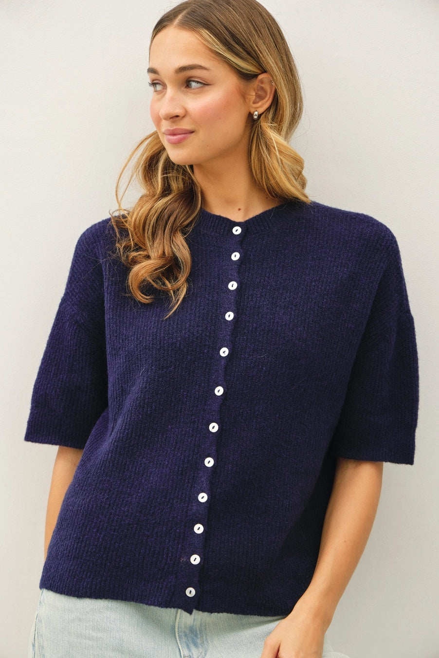 Ribbed Short Sleeve Cardigan - Navy