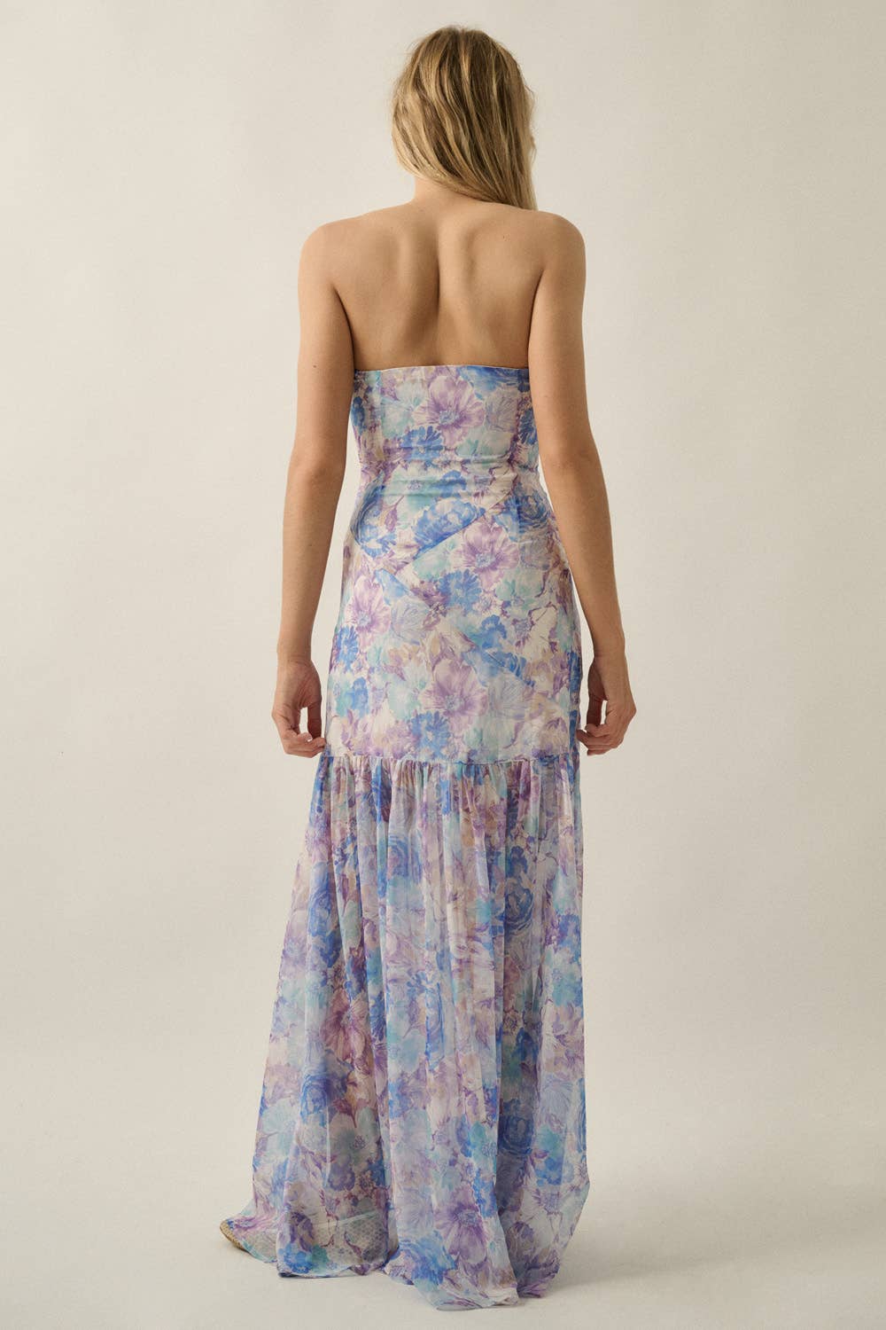 Asymmetrical Strapless Drop-Waist Maxi Dress - Blue
