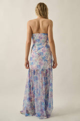 Asymmetrical Strapless Drop-Waist Maxi Dress - Blue