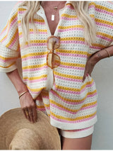 Woolen Colorblocked Lapel Stripe Top (Set)