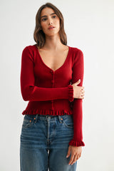 Ribbed Cardigan - Deep Red