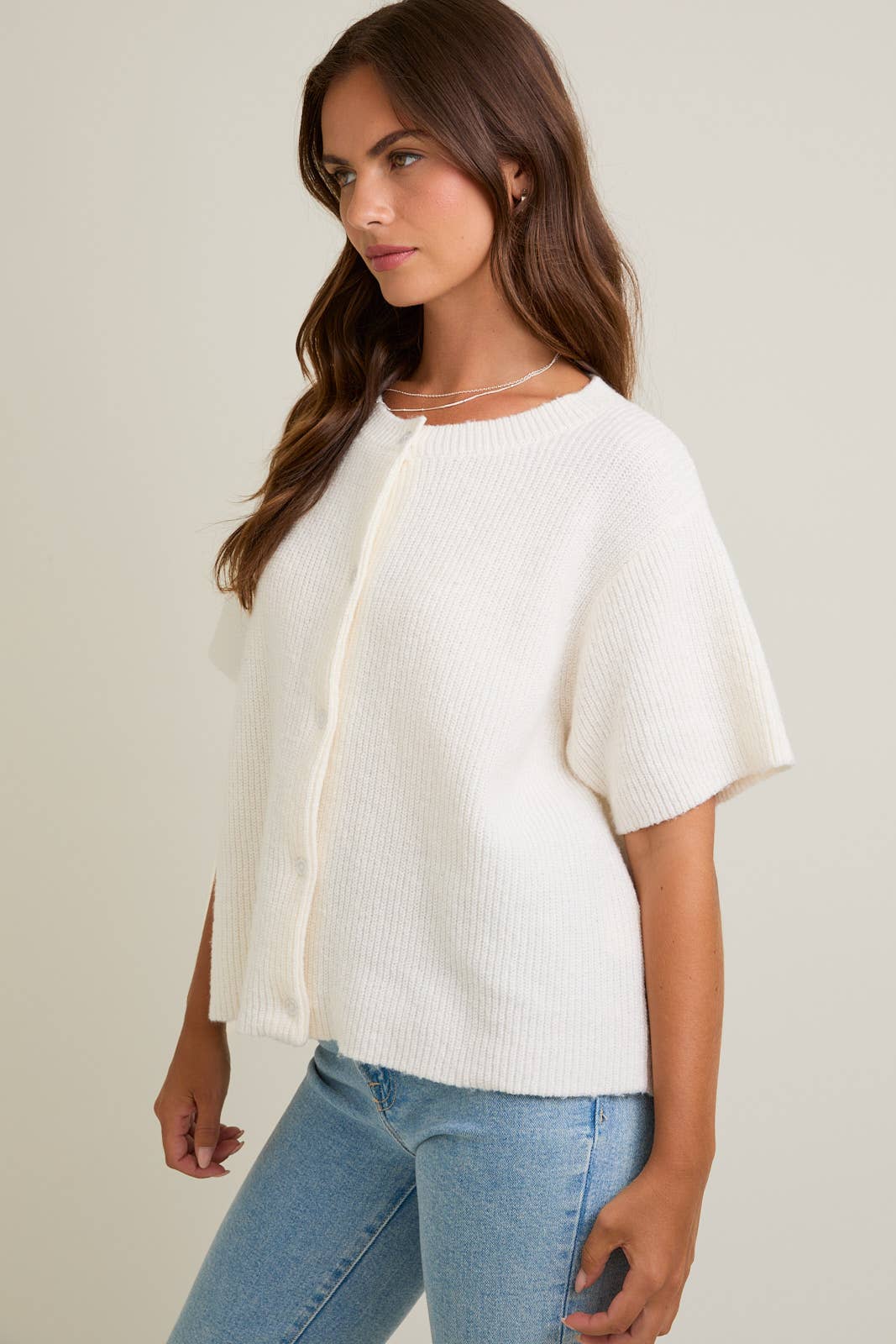 Round Neck Short Sleeve Sweater Cardigan