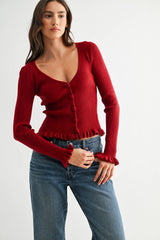 Ribbed Cardigan - Deep Red
