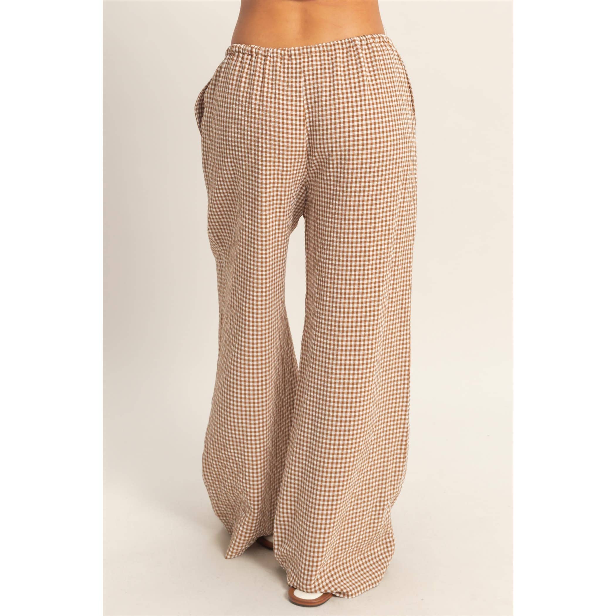 Gingham Drawstring Wide-Leg Pants