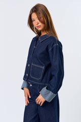 Stripe Folded Cuff Detailed Denim Jacket