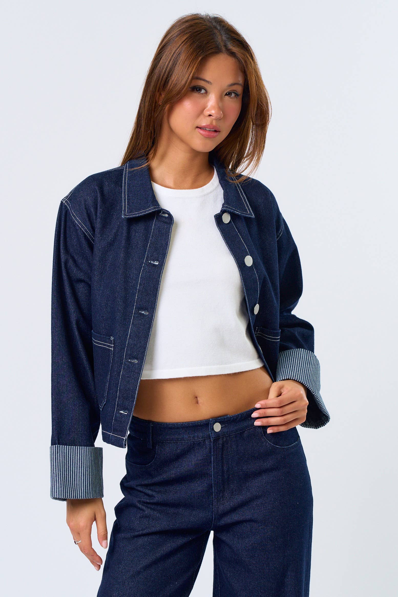 Stripe Folded Cuff Detailed Denim Jacket