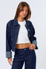 Stripe Folded Cuff Detailed Denim Jacket