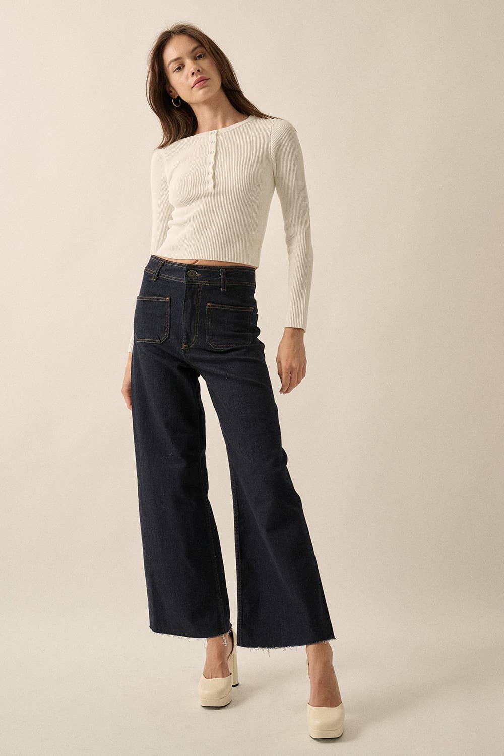 Shaper Fit Round Neck Snap Button Rib Knit Top