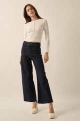 Shaper Fit Round Neck Snap Button Rib Knit Top