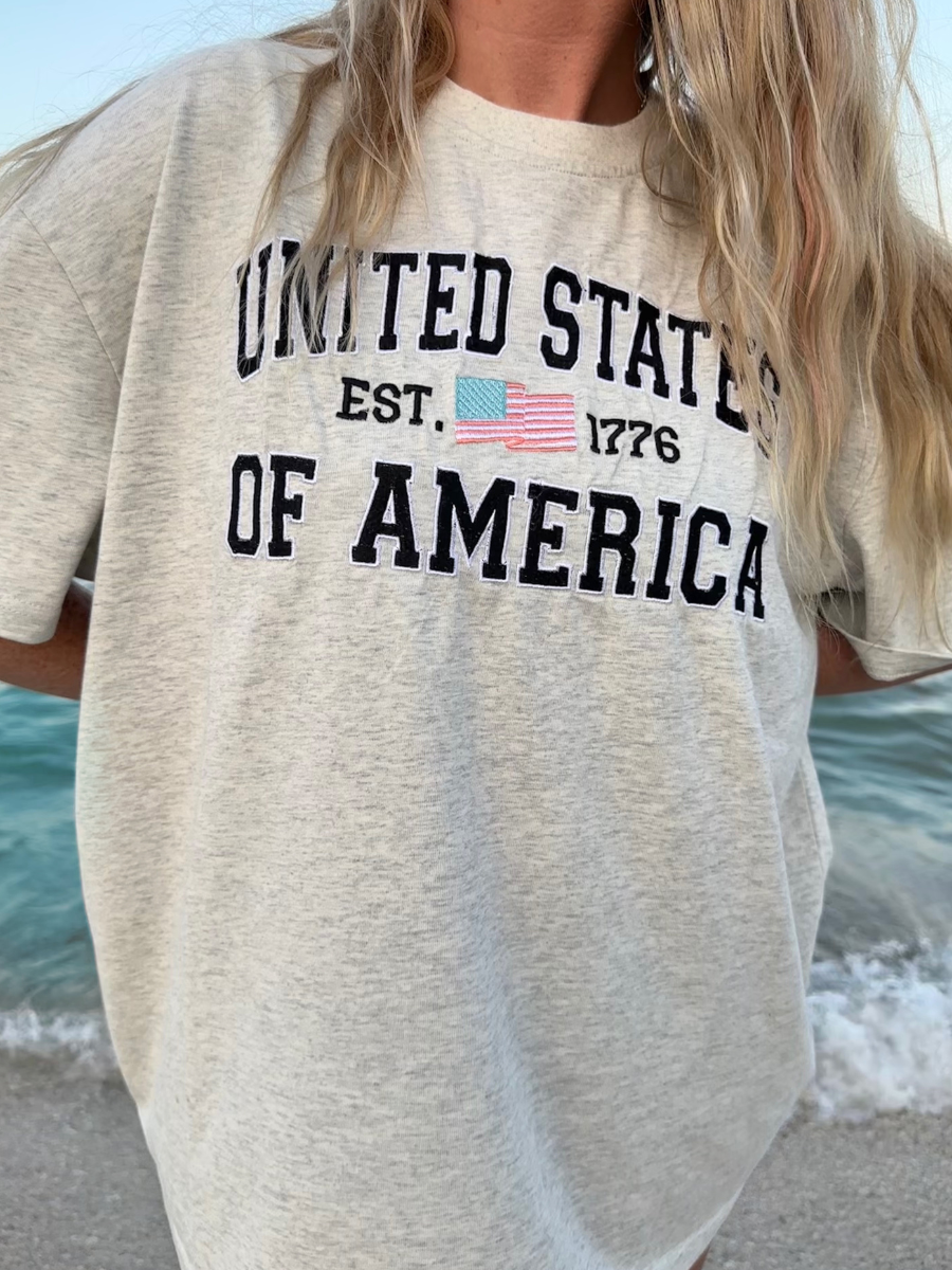 Pearl Grey United States of America Embroider Flag Tee