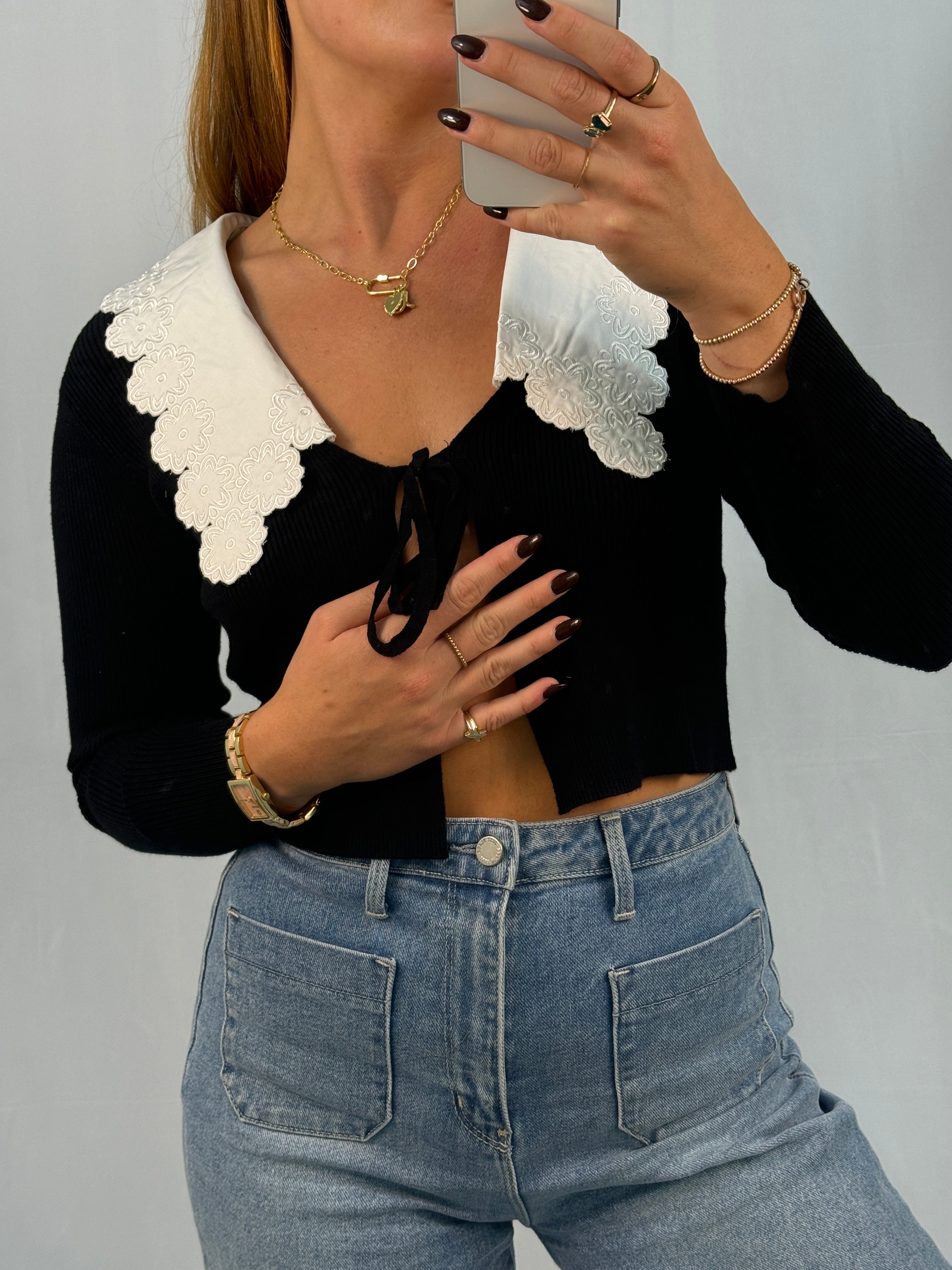 Ribbed Contrast Peter Pan Collar Cardigan