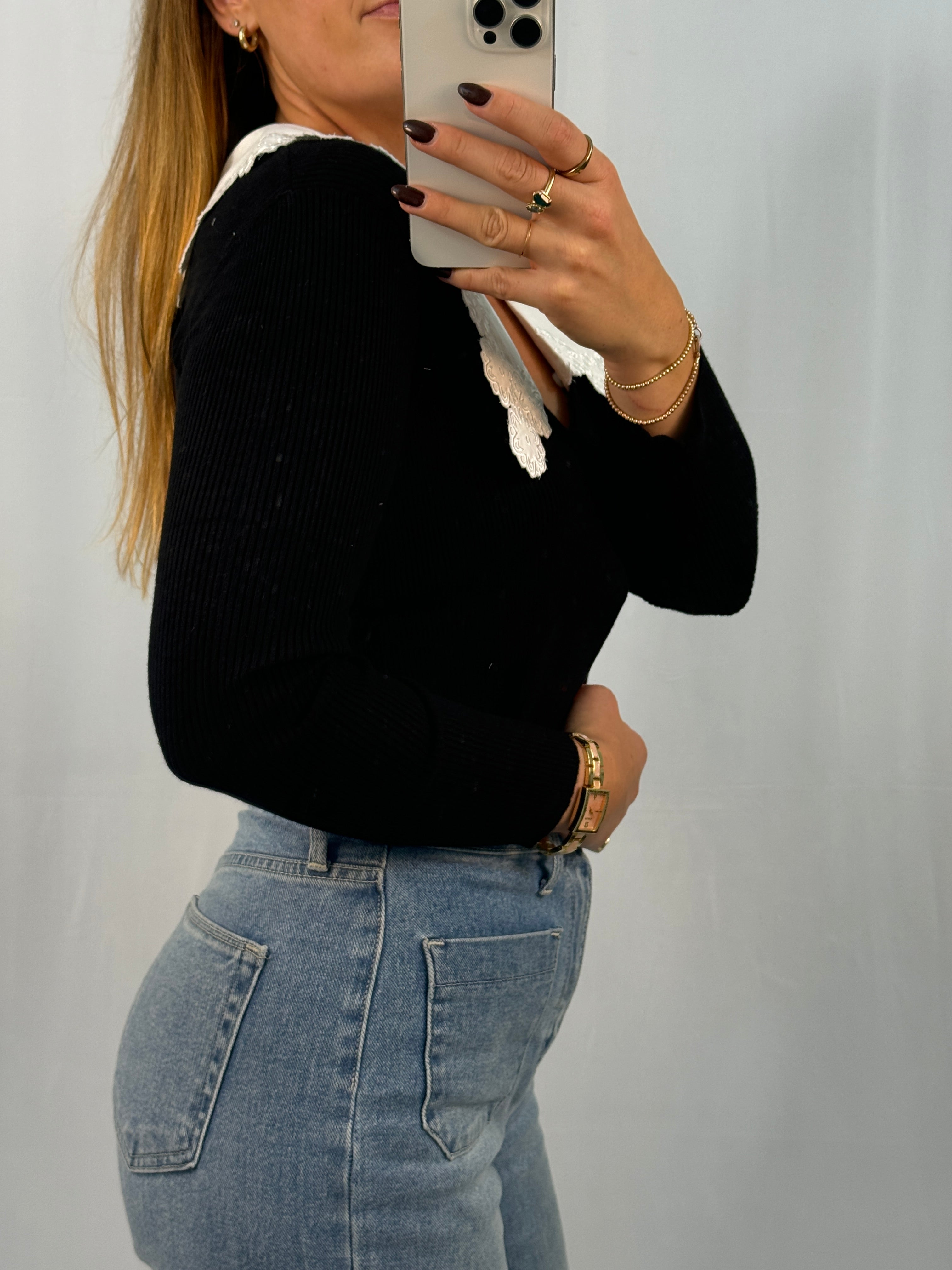 Ribbed Contrast Peter Pan Collar Cardigan