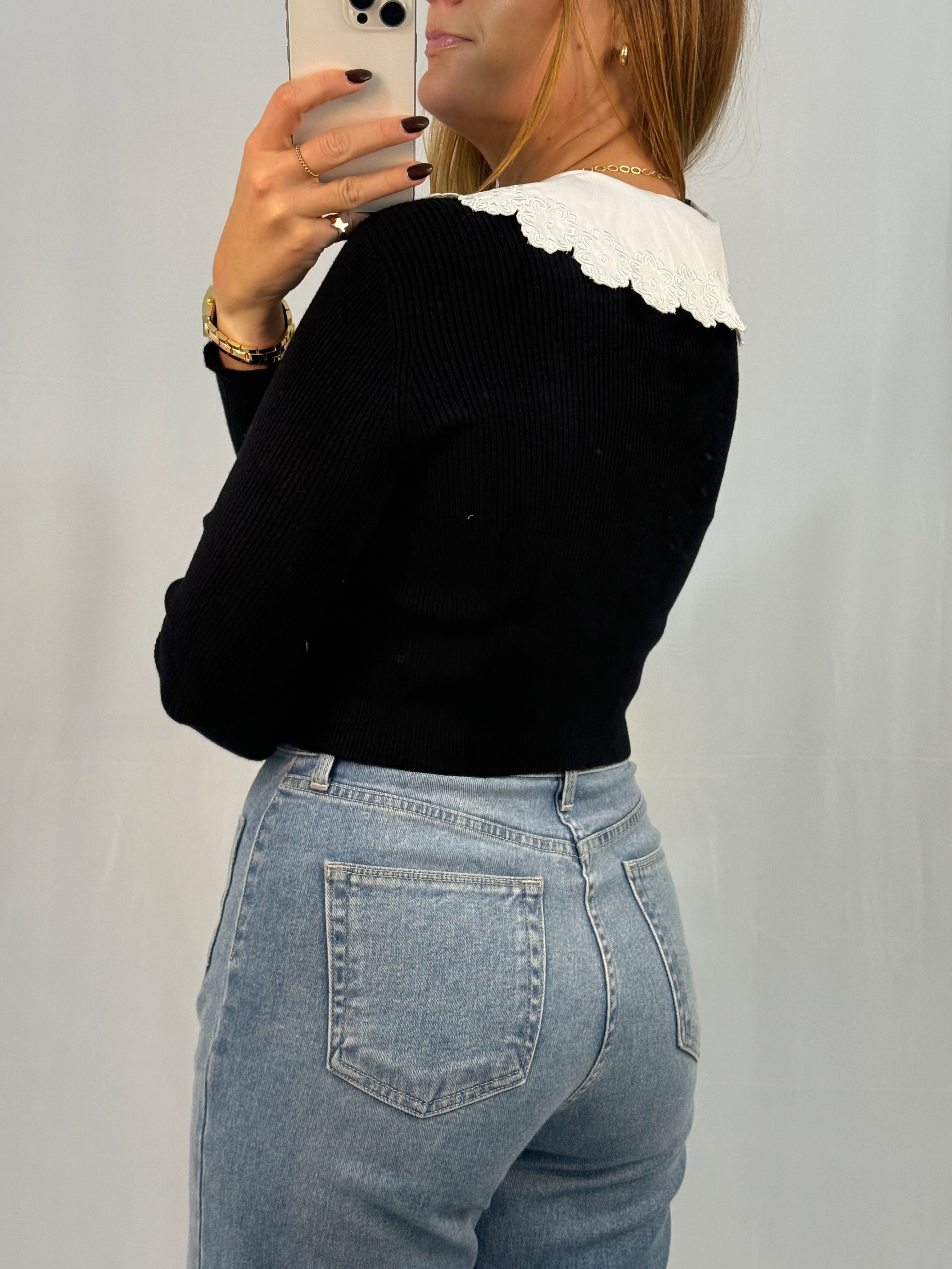Ribbed Contrast Peter Pan Collar Cardigan