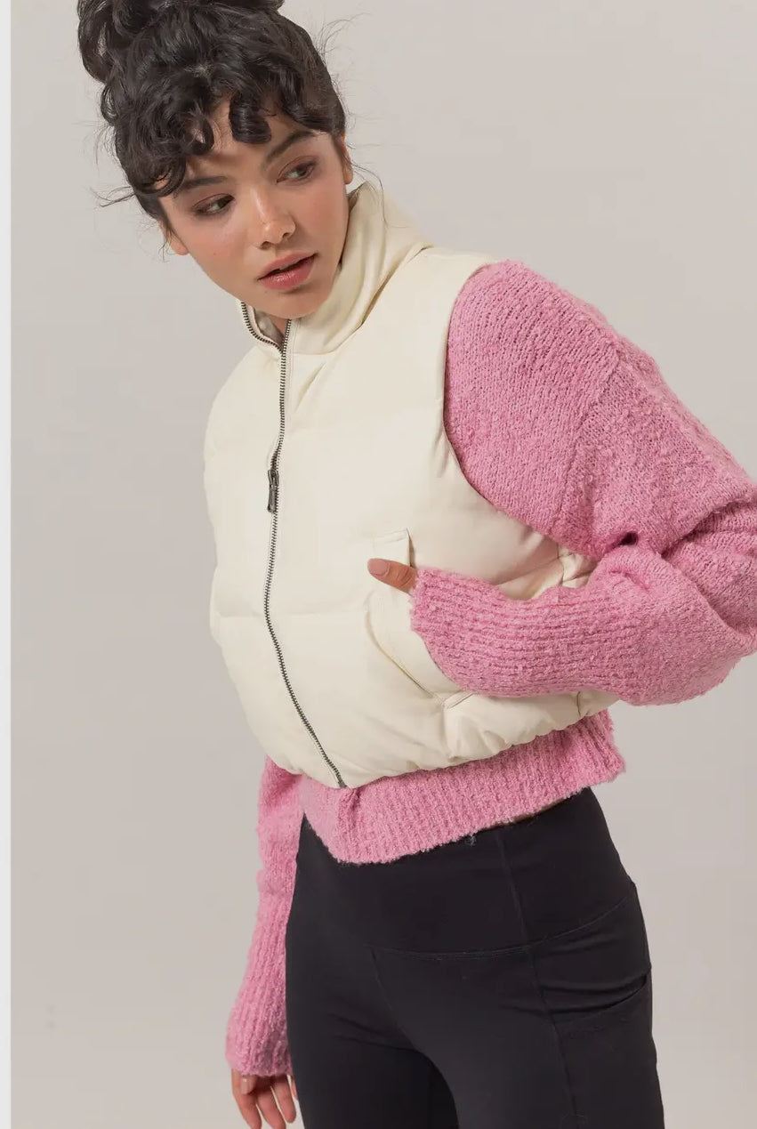 Vegan Leather Cropped Puffer Vest