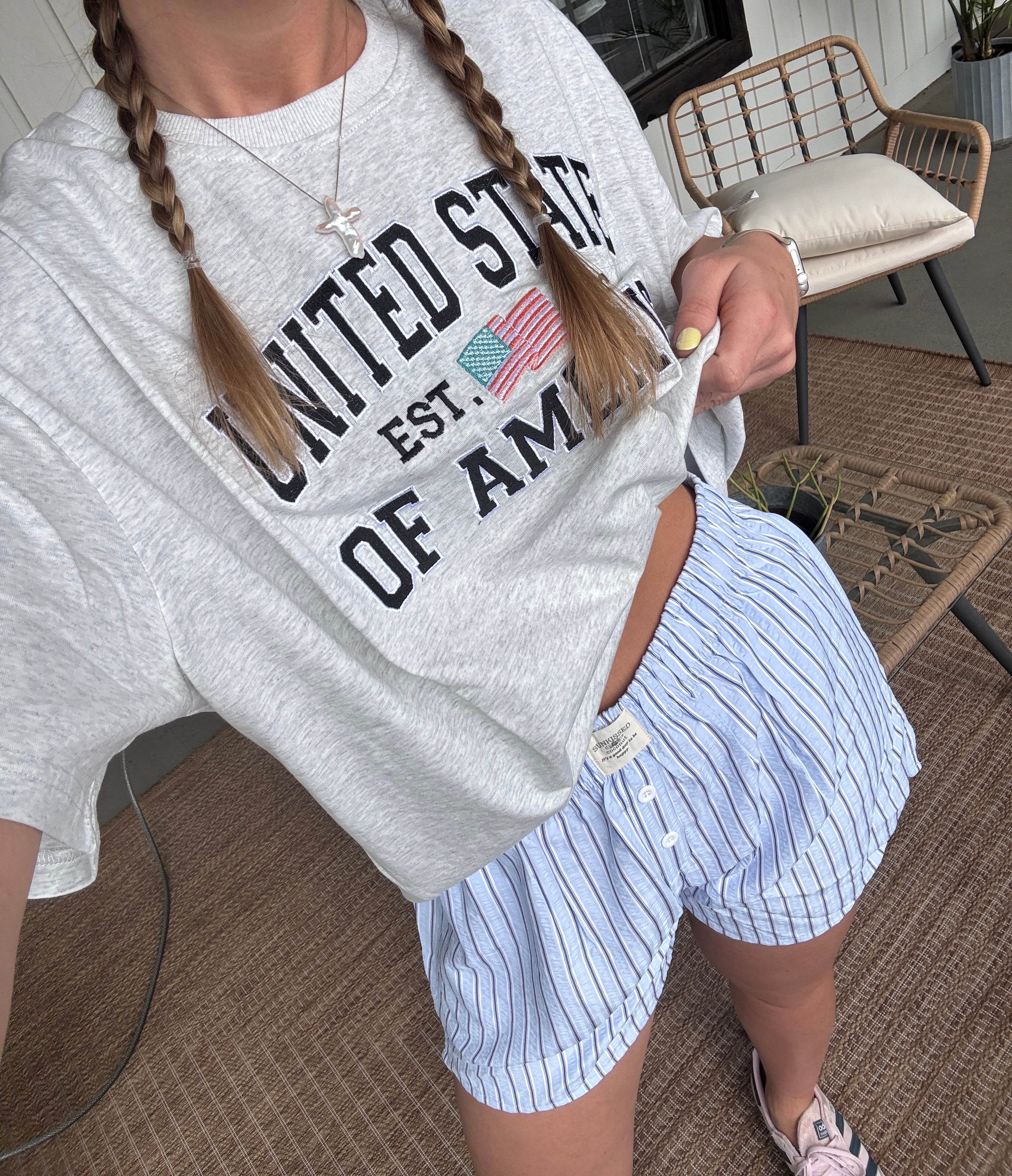 Pearl Grey United States of America Embroider Flag Tee